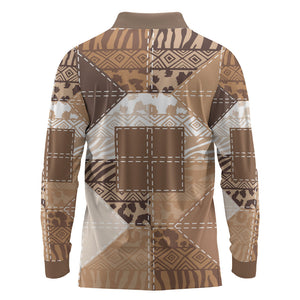 African American Quilt Inspired Long Sleeve Polo Shirt Wild Animal Skin African Beige Tribal Elements