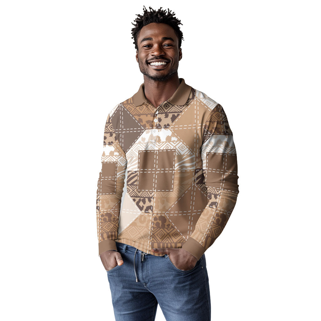 African American Quilt Inspired Long Sleeve Polo Shirt Wild Animal Skin African Beige Tribal Elements