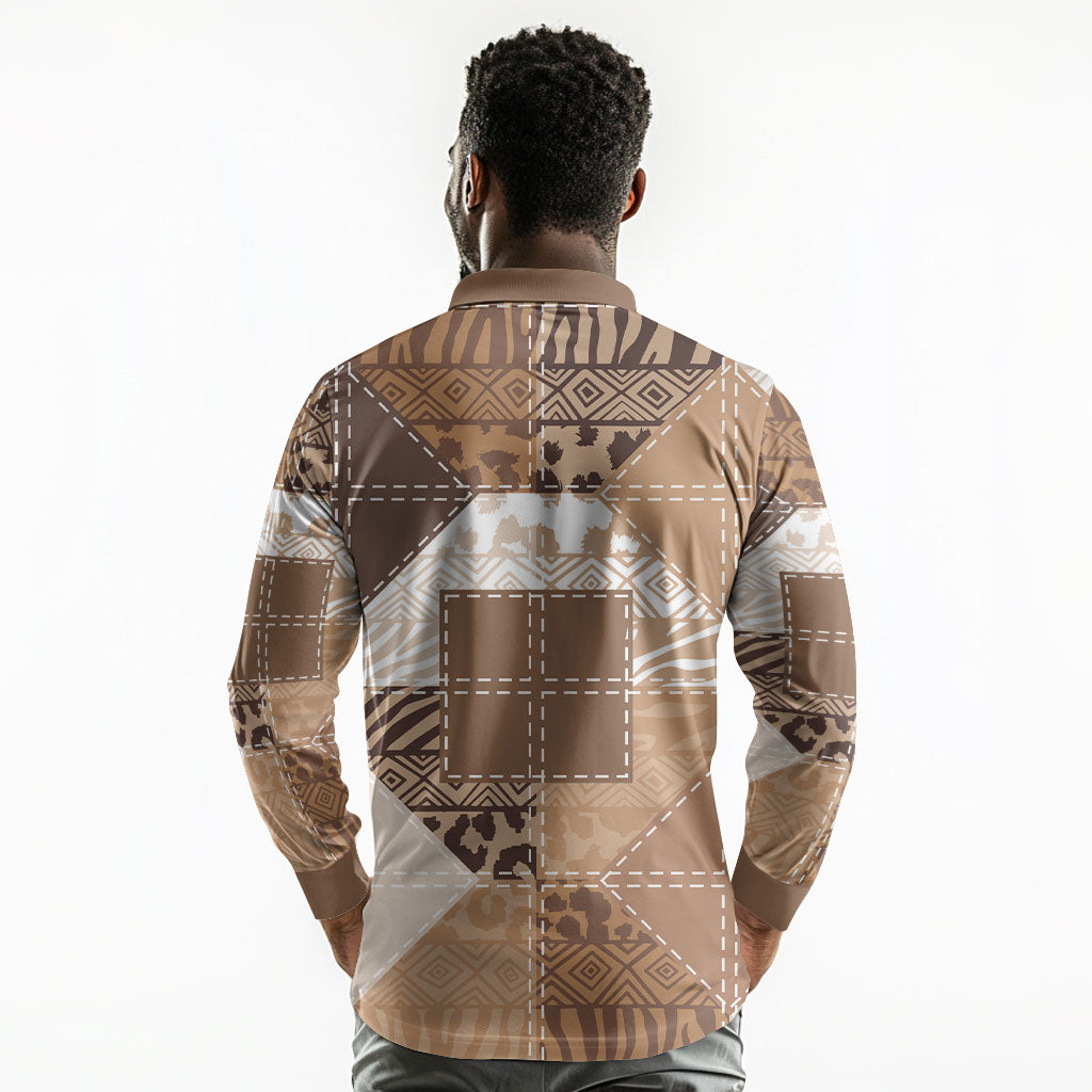 African American Quilt Inspired Long Sleeve Polo Shirt Wild Animal Skin African Beige Tribal Elements