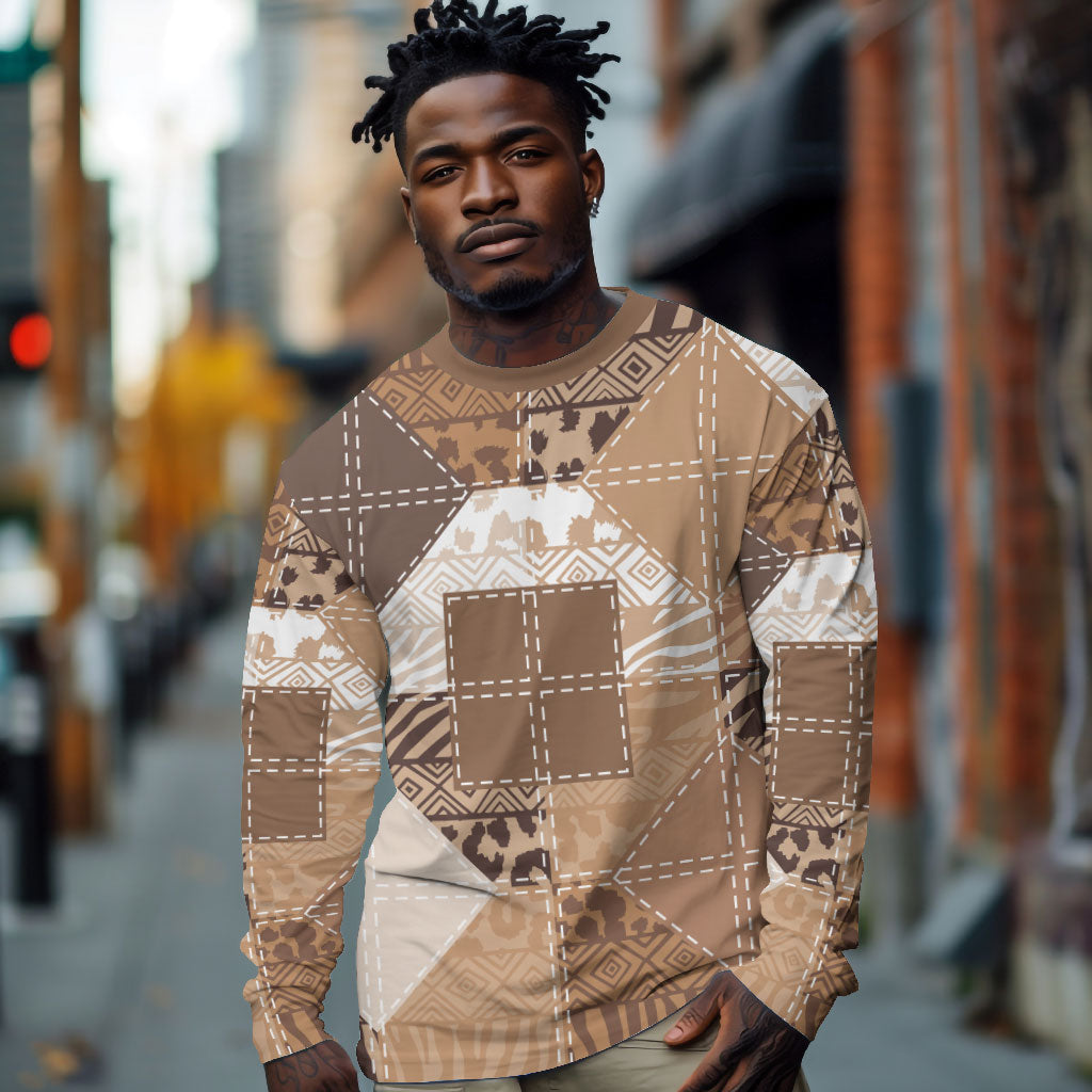 African American Quilt Inspired Long Sleeve Shirt Wild Animal Skin African Beige Tribal Elements