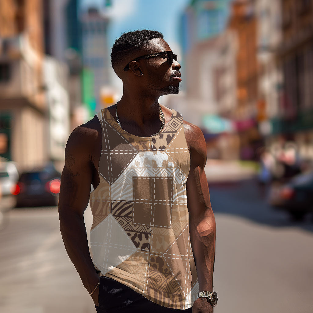 African American Quilt Inspired Men Tank Top Wild Animal Skin African Beige Tribal Elements