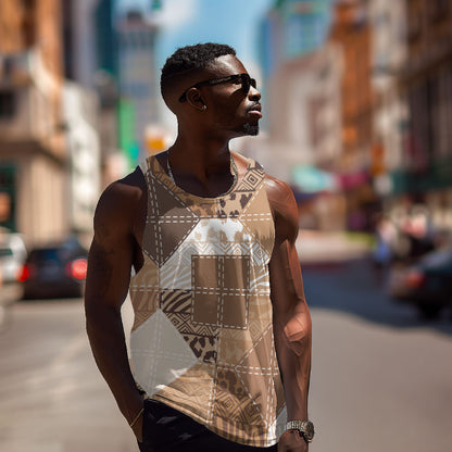 African American Quilt Inspired Men Tank Top Wild Animal Skin African Beige Tribal Elements
