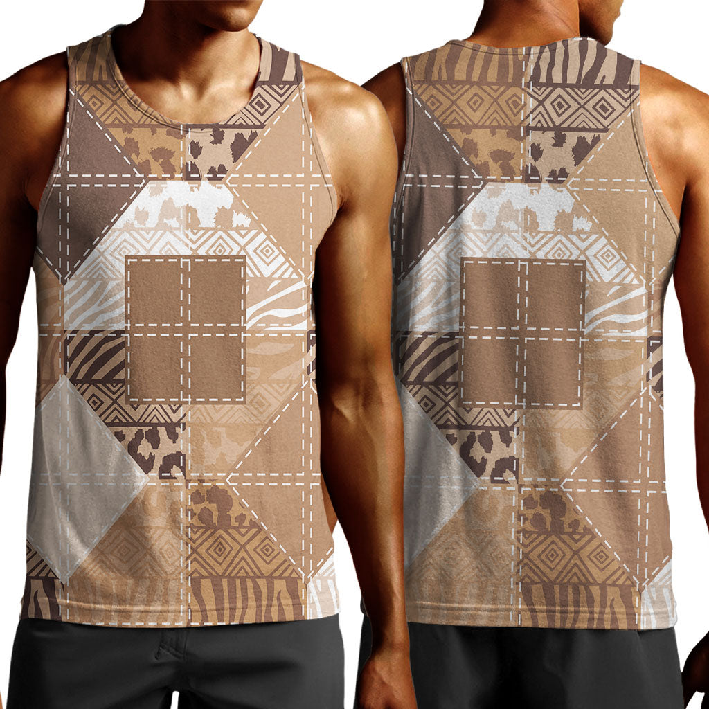 African American Quilt Inspired Men Tank Top Wild Animal Skin African Beige Tribal Elements