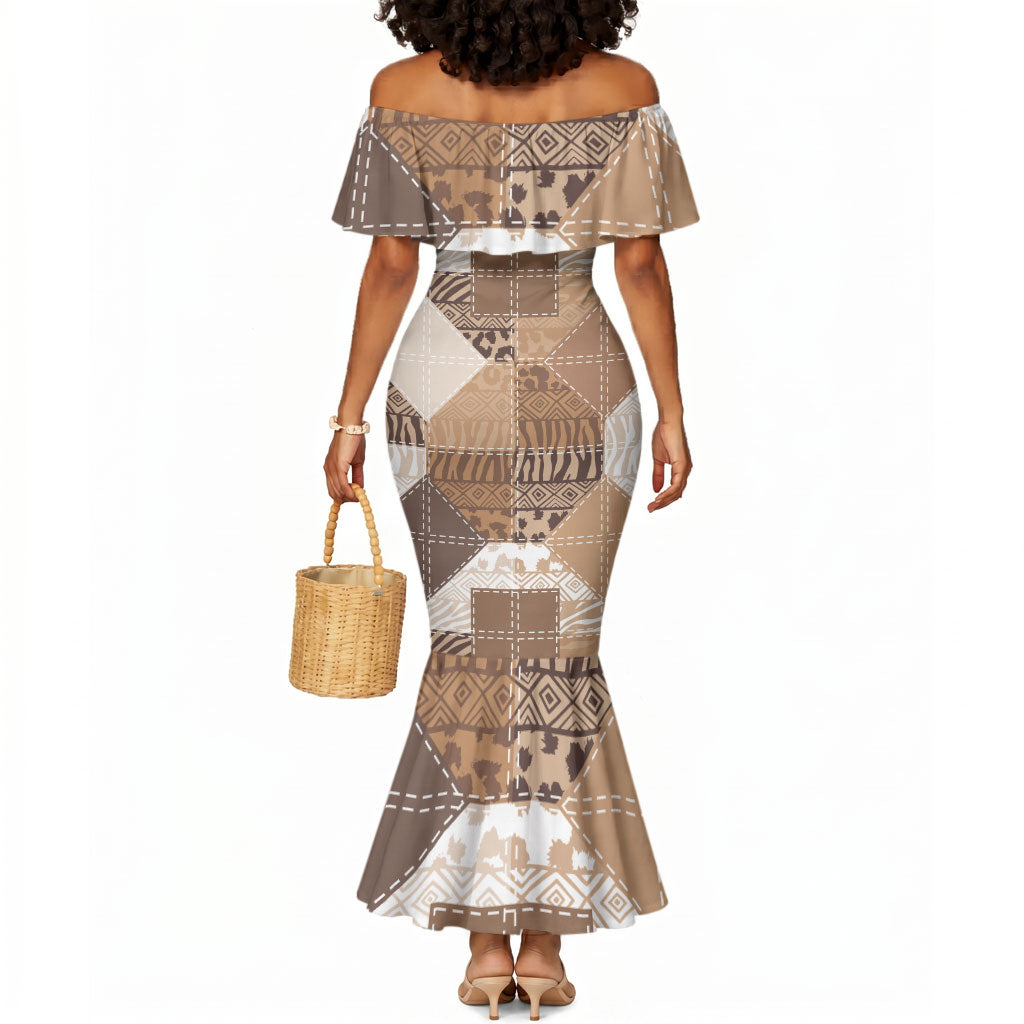 African American Quilt Inspired Mermaid Dress Wild Animal Skin African Beige Tribal Elements