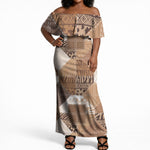 African American Quilt Inspired Off Shoulder Maxi Dress Wild Animal Skin African Beige Tribal Elements