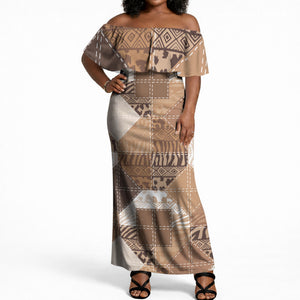 African American Quilt Inspired Off Shoulder Maxi Dress Wild Animal Skin African Beige Tribal Elements