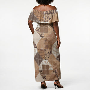 African American Quilt Inspired Off Shoulder Maxi Dress Wild Animal Skin African Beige Tribal Elements