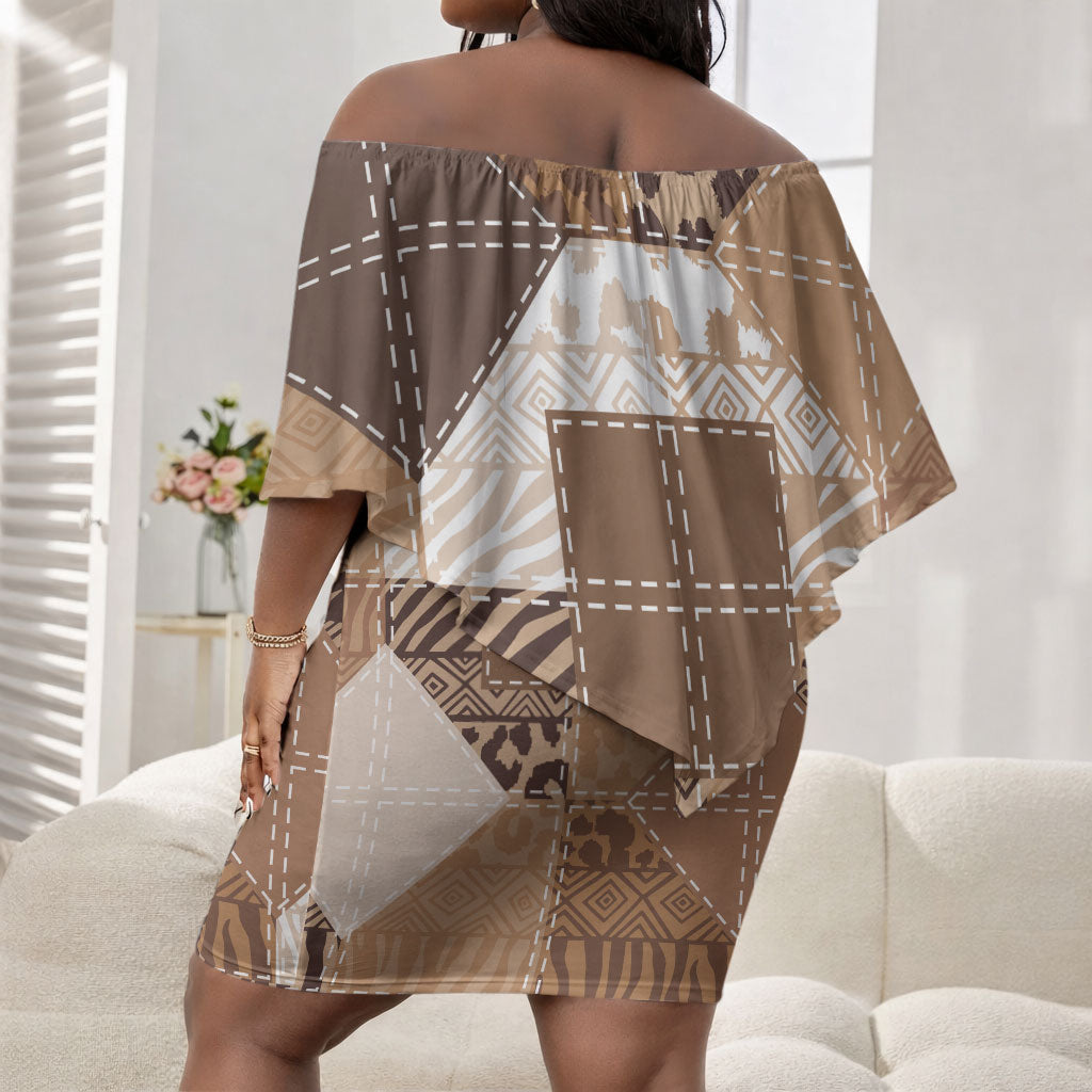 African American Quilt Inspired Off Shoulder Short Dress Wild Animal Skin African Beige Tribal Elements