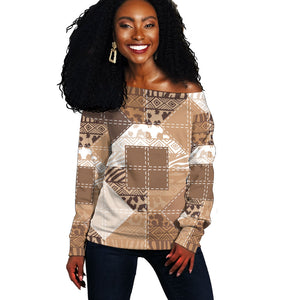 African American Quilt Inspired Off Shoulder Sweater Wild Animal Skin African Beige Tribal Elements