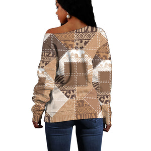 African American Quilt Inspired Off Shoulder Sweater Wild Animal Skin African Beige Tribal Elements