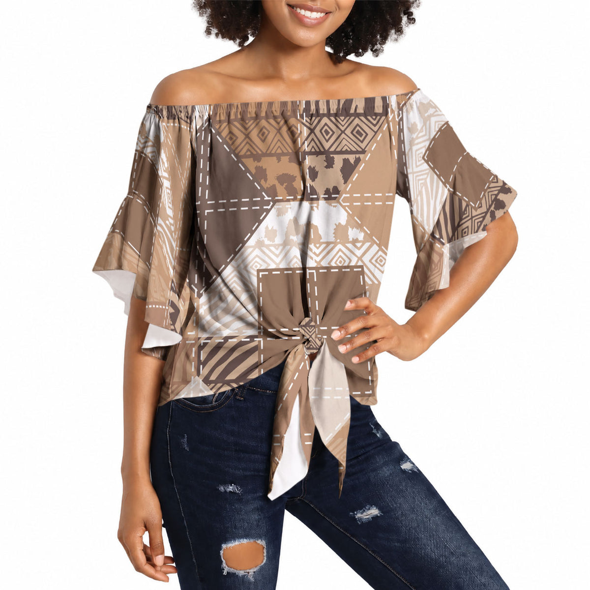 African American Quilt Inspired Off Shoulder Wrap Waist Top Wild Animal Skin African Beige Tribal Elements
