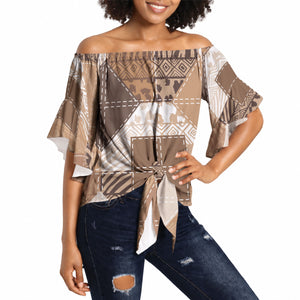 African American Quilt Inspired Off Shoulder Wrap Waist Top Wild Animal Skin African Beige Tribal Elements