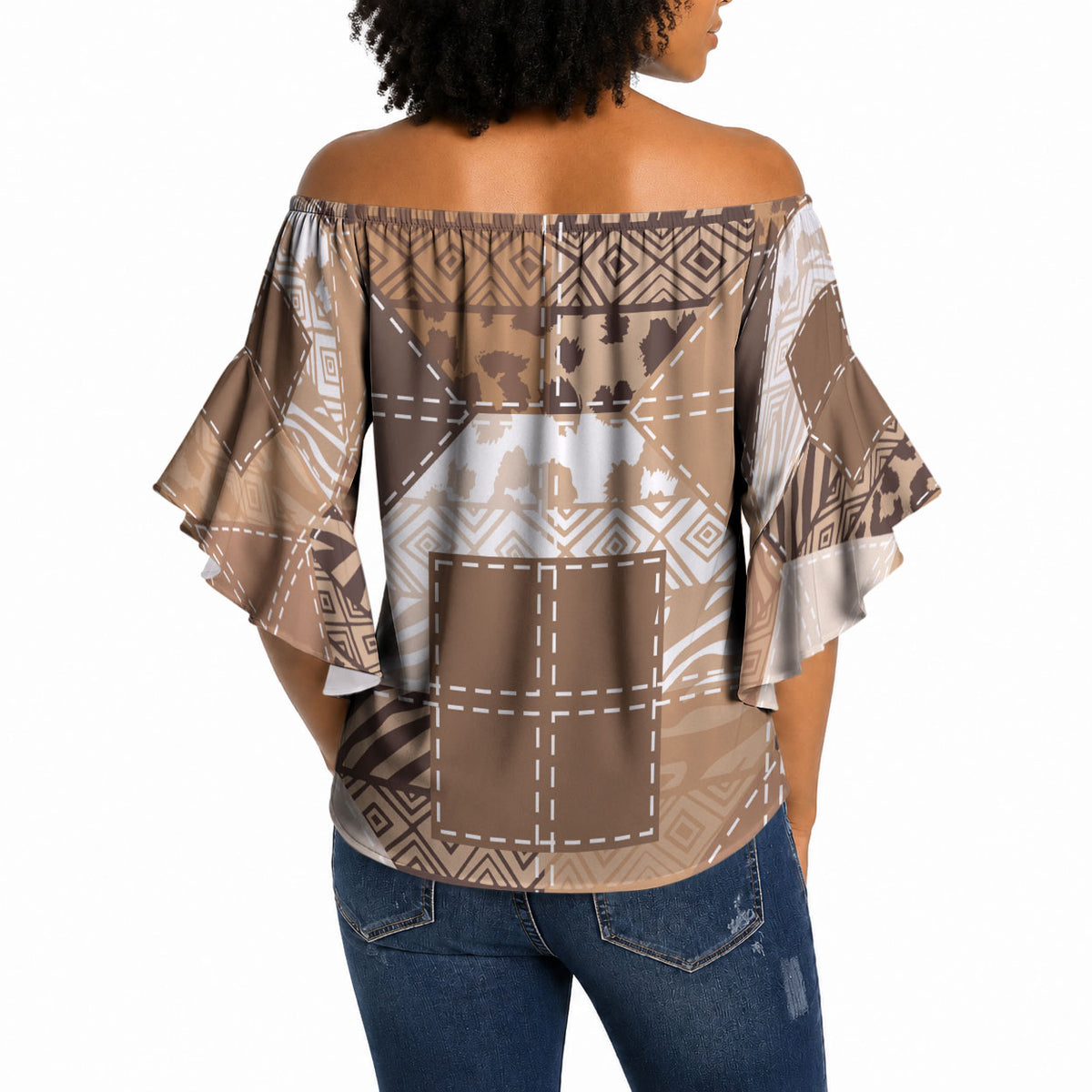 African American Quilt Inspired Off Shoulder Wrap Waist Top Wild Animal Skin African Beige Tribal Elements