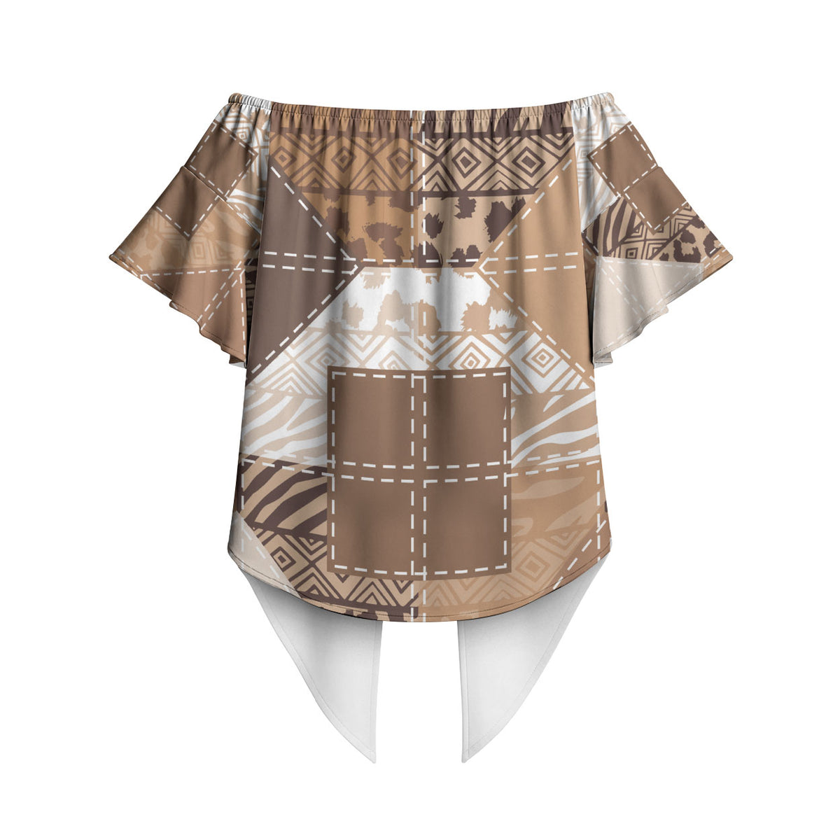 African American Quilt Inspired Off Shoulder Wrap Waist Top Wild Animal Skin African Beige Tribal Elements