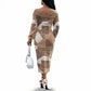 African American Quilt Inspired Off The Shoulder Long Sleeve Dress Wild Animal Skin African Beige Tribal Elements