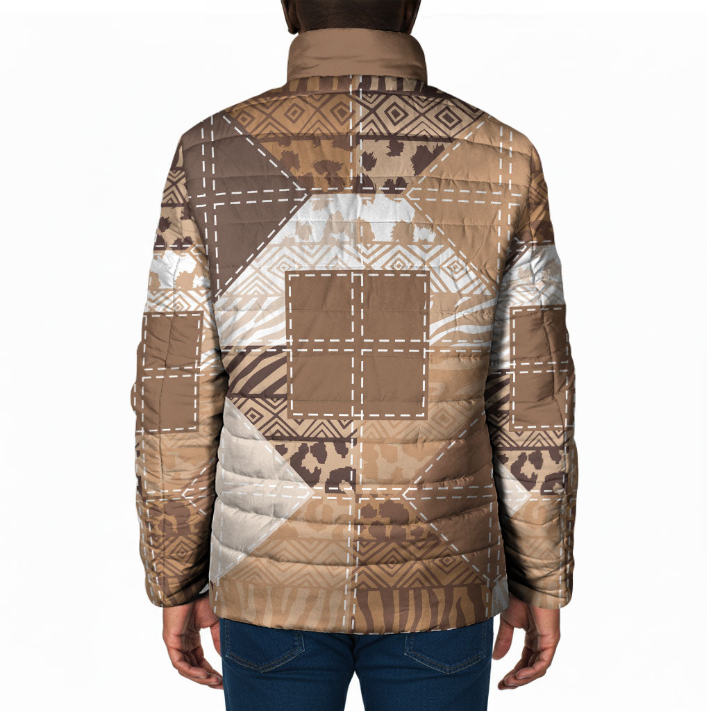 African American Quilt Inspired Padded Jacket Wild Animal Skin African Beige Tribal Elements