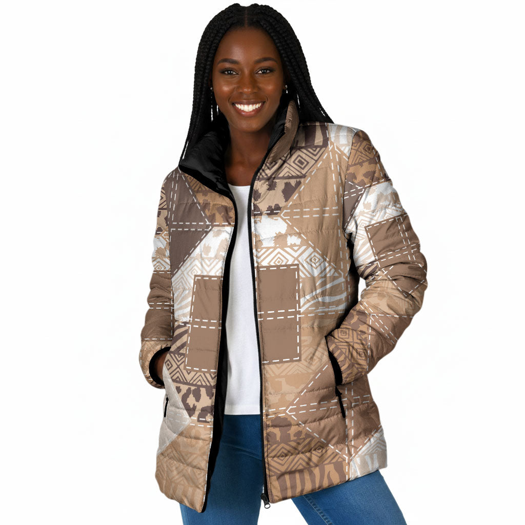 African American Quilt Inspired Padded Jacket Wild Animal Skin African Beige Tribal Elements