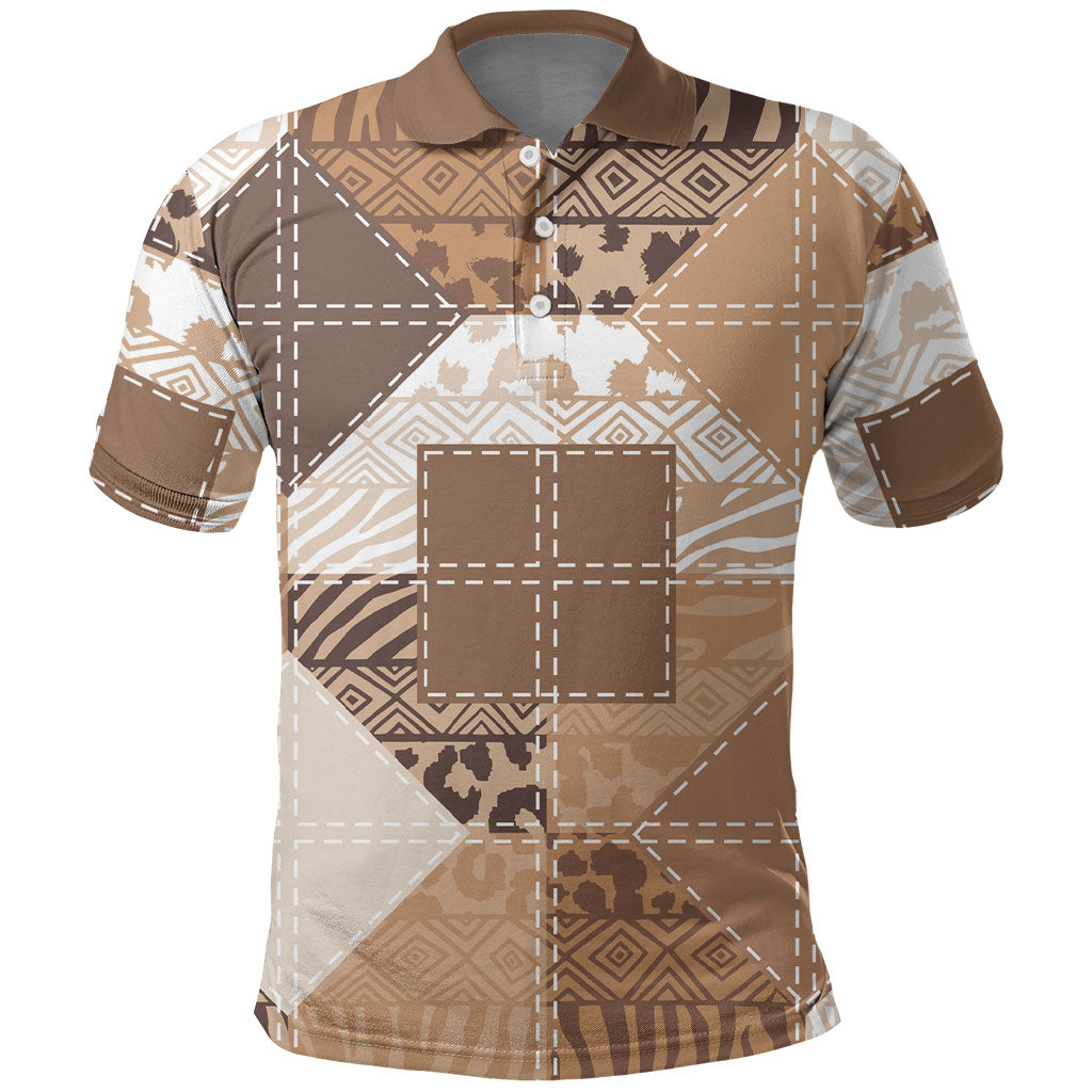 African American Quilt Inspired Polo Shirt Wild Animal Skin African Beige Tribal Elements