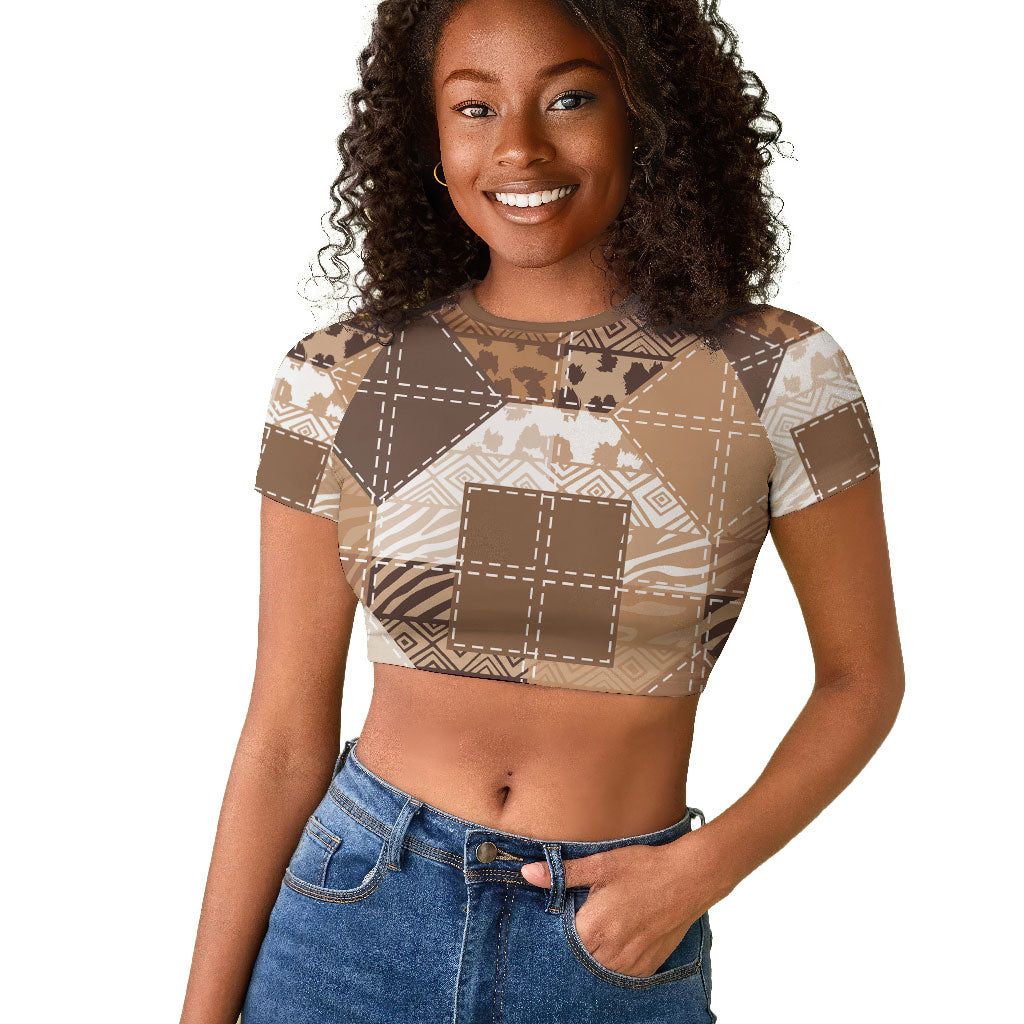 African American Quilt Inspired Raglan Cropped T shirt Wild Animal Skin African Beige Tribal Elements