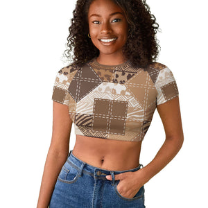 African American Quilt Inspired Raglan Cropped T shirt Wild Animal Skin African Beige Tribal Elements
