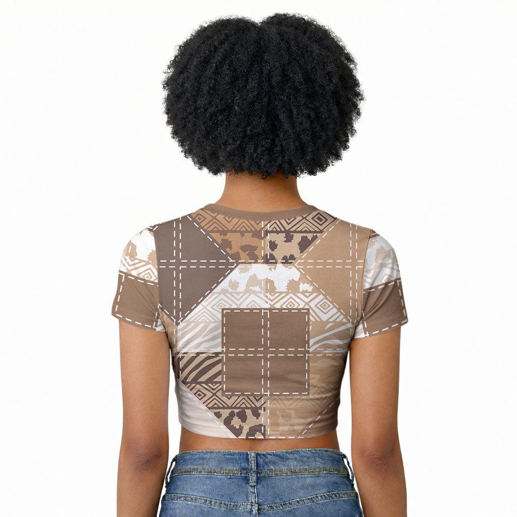 African American Quilt Inspired Raglan Cropped T shirt Wild Animal Skin African Beige Tribal Elements