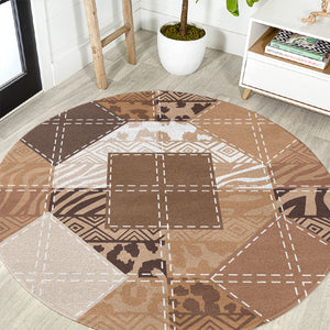 African American Quilt Inspired Round Carpet Wild Animal Skin African Beige Tribal Elements