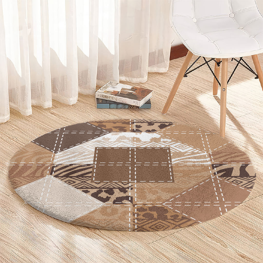 African American Quilt Inspired Round Carpet Wild Animal Skin African Beige Tribal Elements
