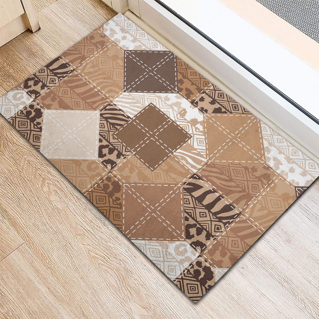 African American Quilt Inspired Rubber Doormat Wild Animal Skin African Beige Tribal Elements