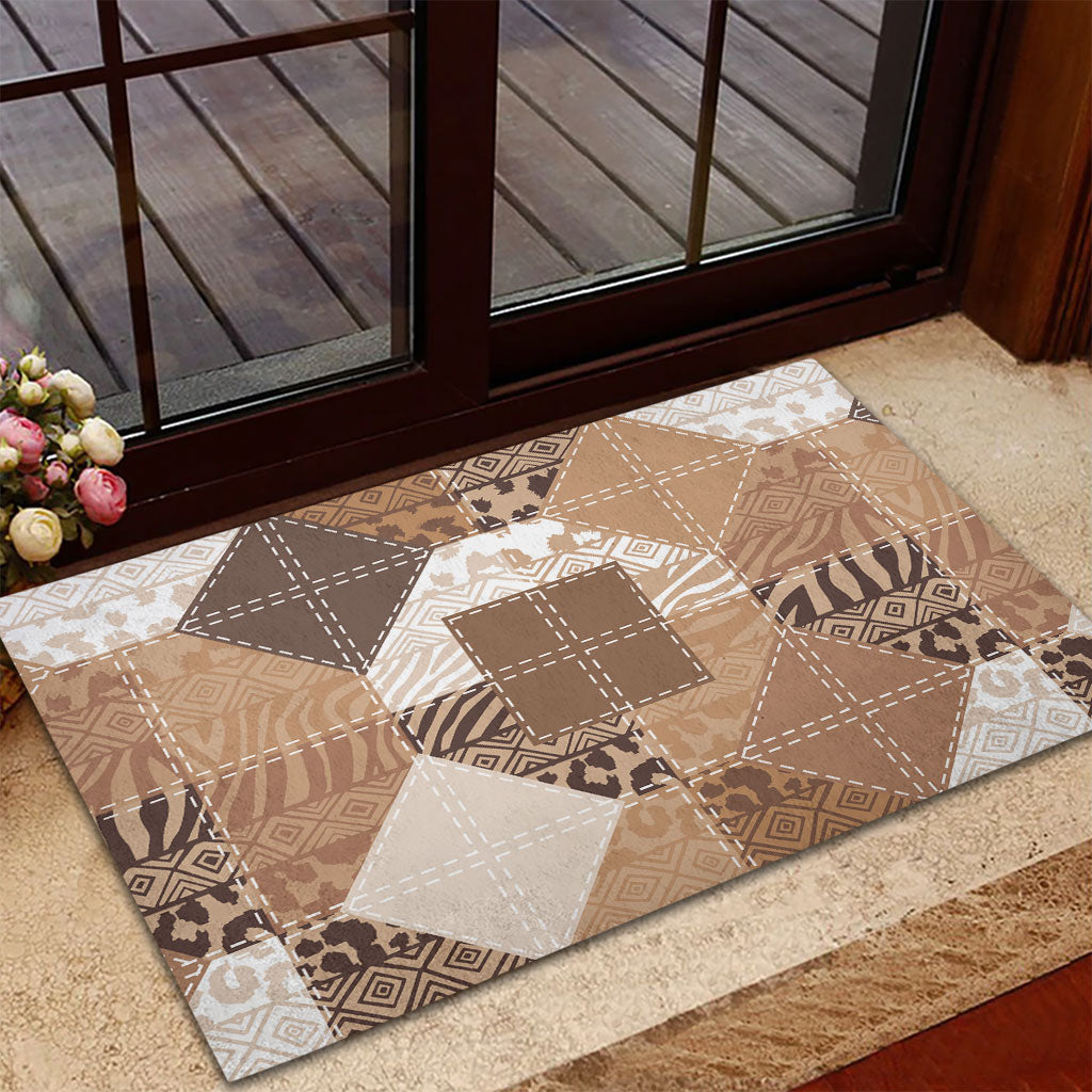 African American Quilt Inspired Rubber Doormat Wild Animal Skin African Beige Tribal Elements