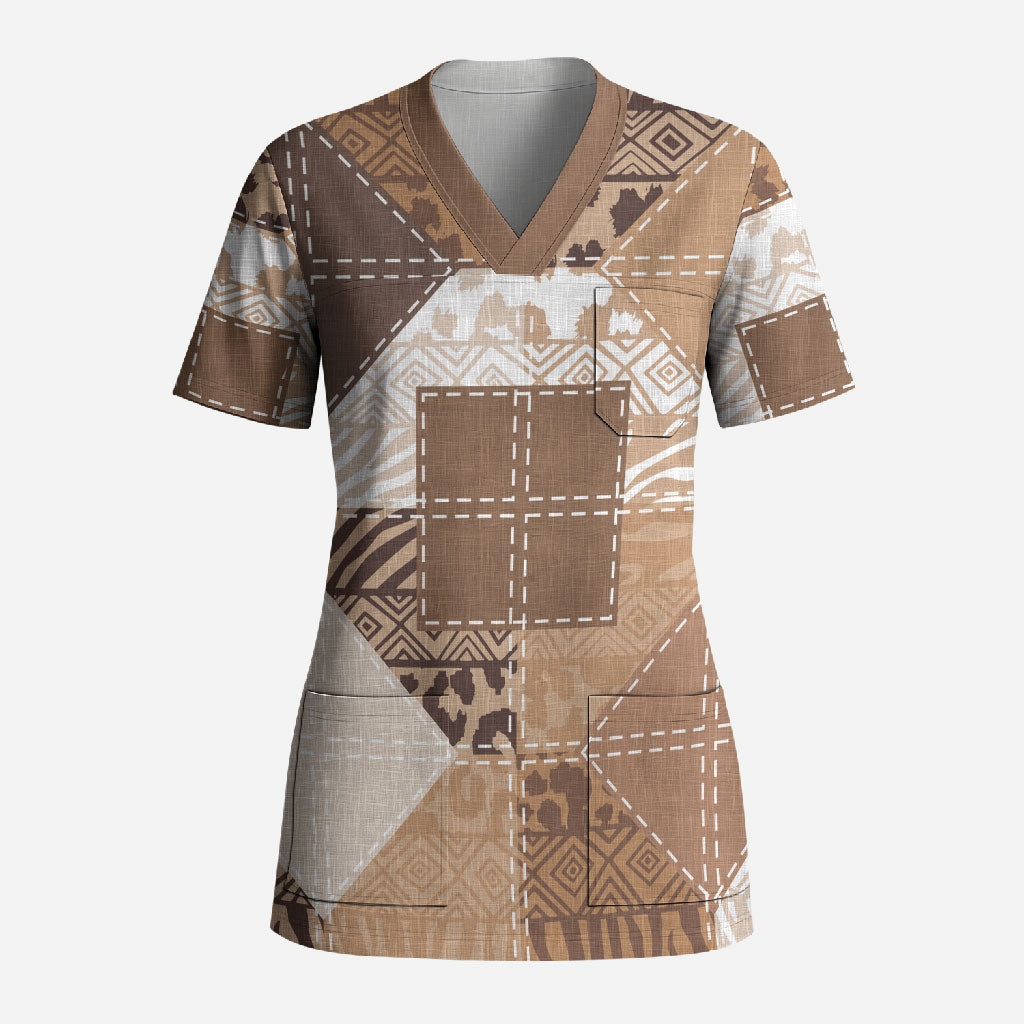 African American Quilt Inspired Scrub Top Wild Animal Skin African Beige Tribal Elements