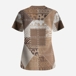 African American Quilt Inspired Scrub Top Wild Animal Skin African Beige Tribal Elements