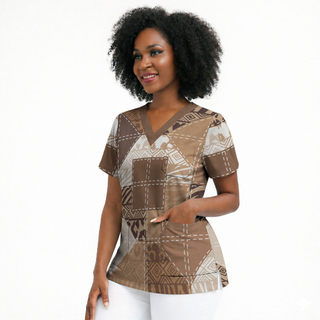 African American Quilt Inspired Scrub Top Wild Animal Skin African Beige Tribal Elements
