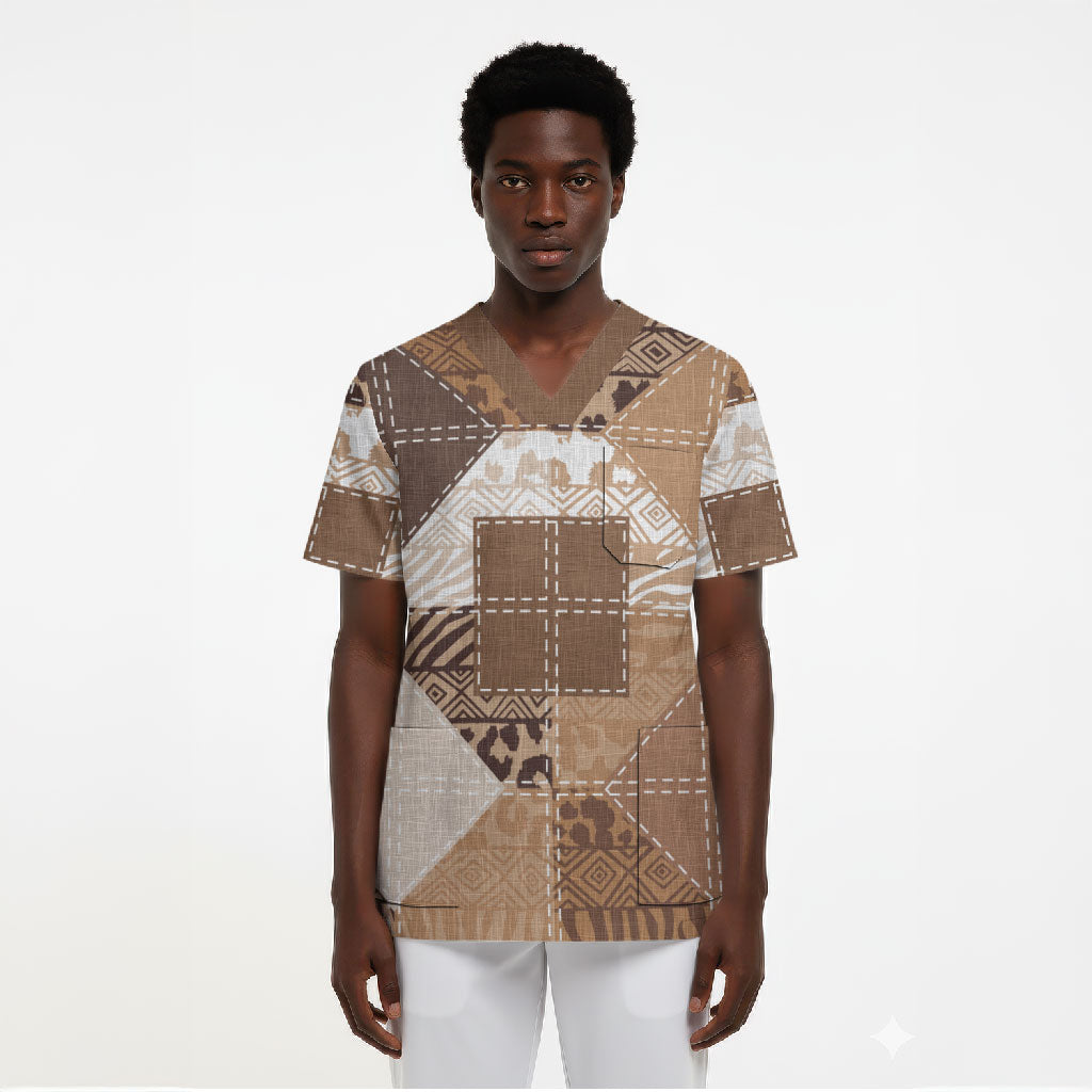 African American Quilt Inspired Scrub Top Wild Animal Skin African Beige Tribal Elements