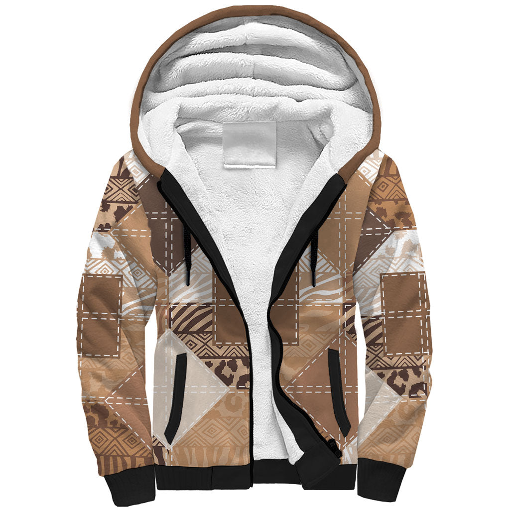 African American Quilt Inspired Sherpa Hoodie Wild Animal Skin African Beige Tribal Elements