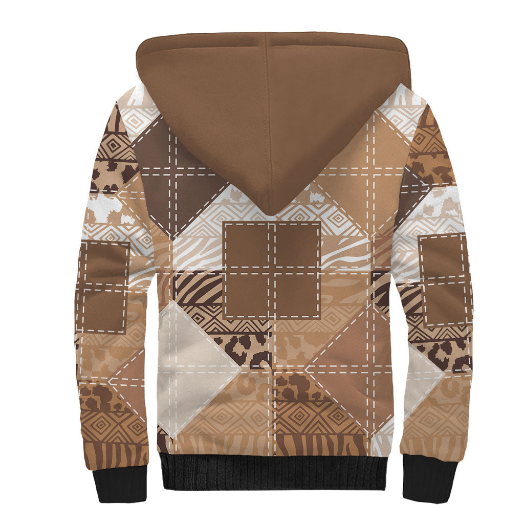 African American Quilt Inspired Sherpa Hoodie Wild Animal Skin African Beige Tribal Elements