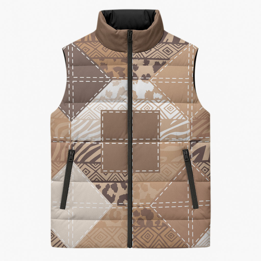 African American Quilt Inspired Sleeveless Puffer Jacket Wild Animal Skin African Beige Tribal Elements