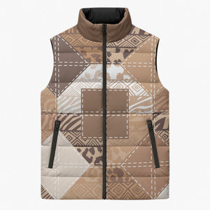 African American Quilt Inspired Sleeveless Puffer Jacket Wild Animal Skin African Beige Tribal Elements