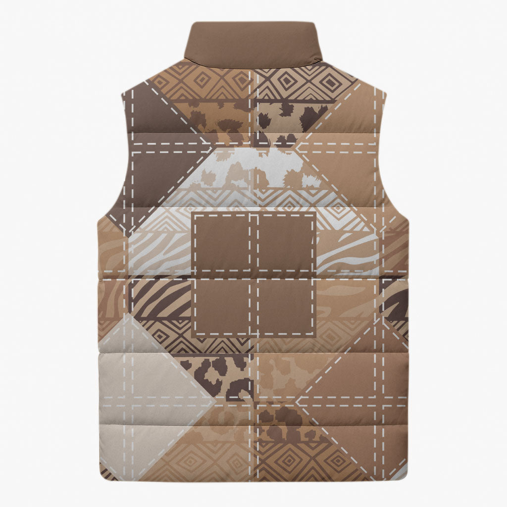 African American Quilt Inspired Sleeveless Puffer Jacket Wild Animal Skin African Beige Tribal Elements