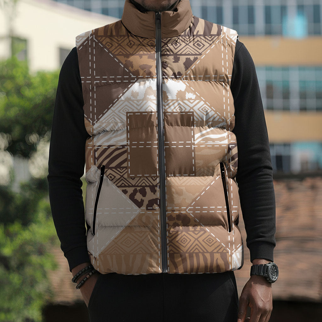 African American Quilt Inspired Sleeveless Puffer Jacket Wild Animal Skin African Beige Tribal Elements