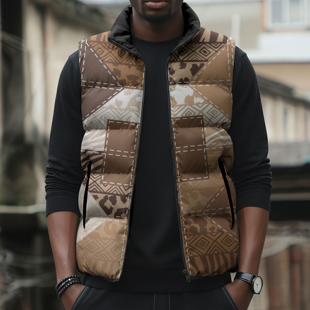 African American Quilt Inspired Sleeveless Puffer Jacket Wild Animal Skin African Beige Tribal Elements