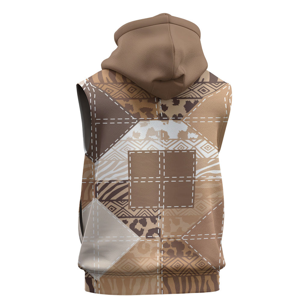 African American Quilt Inspired Sleeveless Zip Hoodie Wild Animal Skin African Beige Tribal Elements