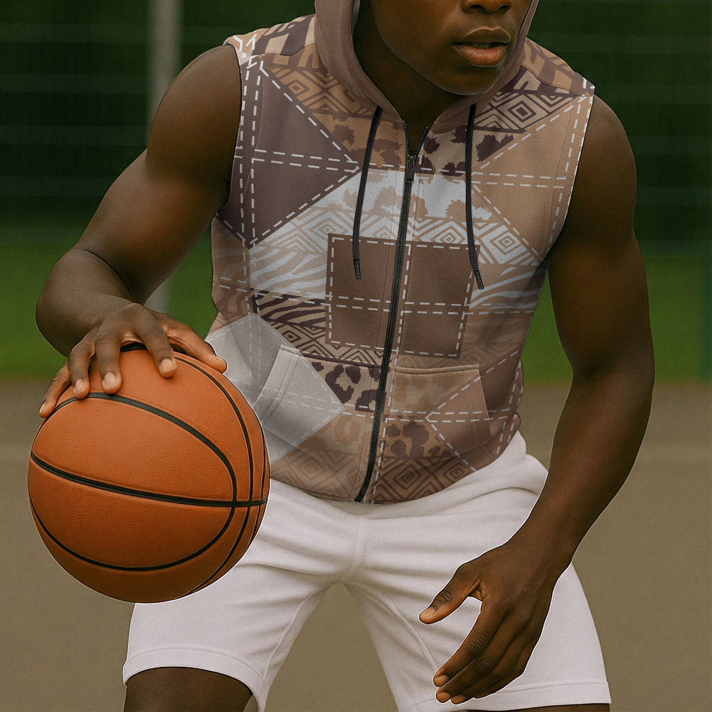 African American Quilt Inspired Sleeveless Zip Hoodie Wild Animal Skin African Beige Tribal Elements