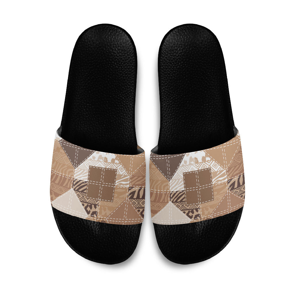 African American Quilt Inspired Slide Sandals Wild Animal Skin African Beige Tribal Elements
