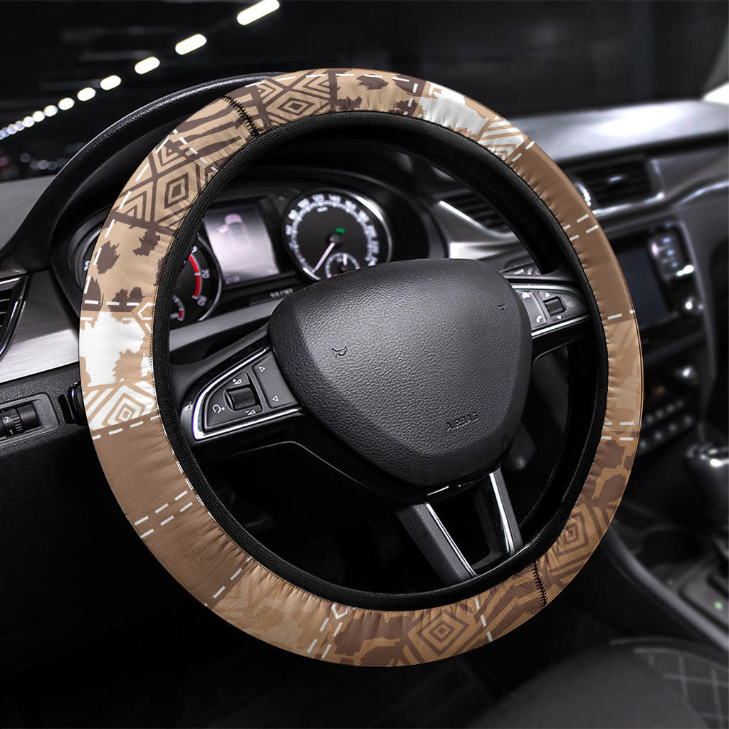African American Quilt Inspired Steering Wheel Cover Wild Animal Skin African Beige Tribal Elements