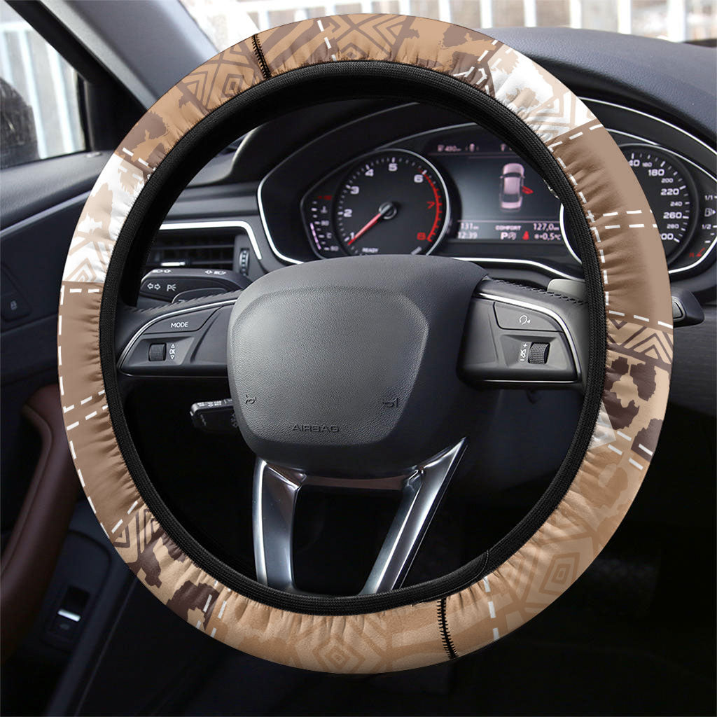 African American Quilt Inspired Steering Wheel Cover Wild Animal Skin African Beige Tribal Elements