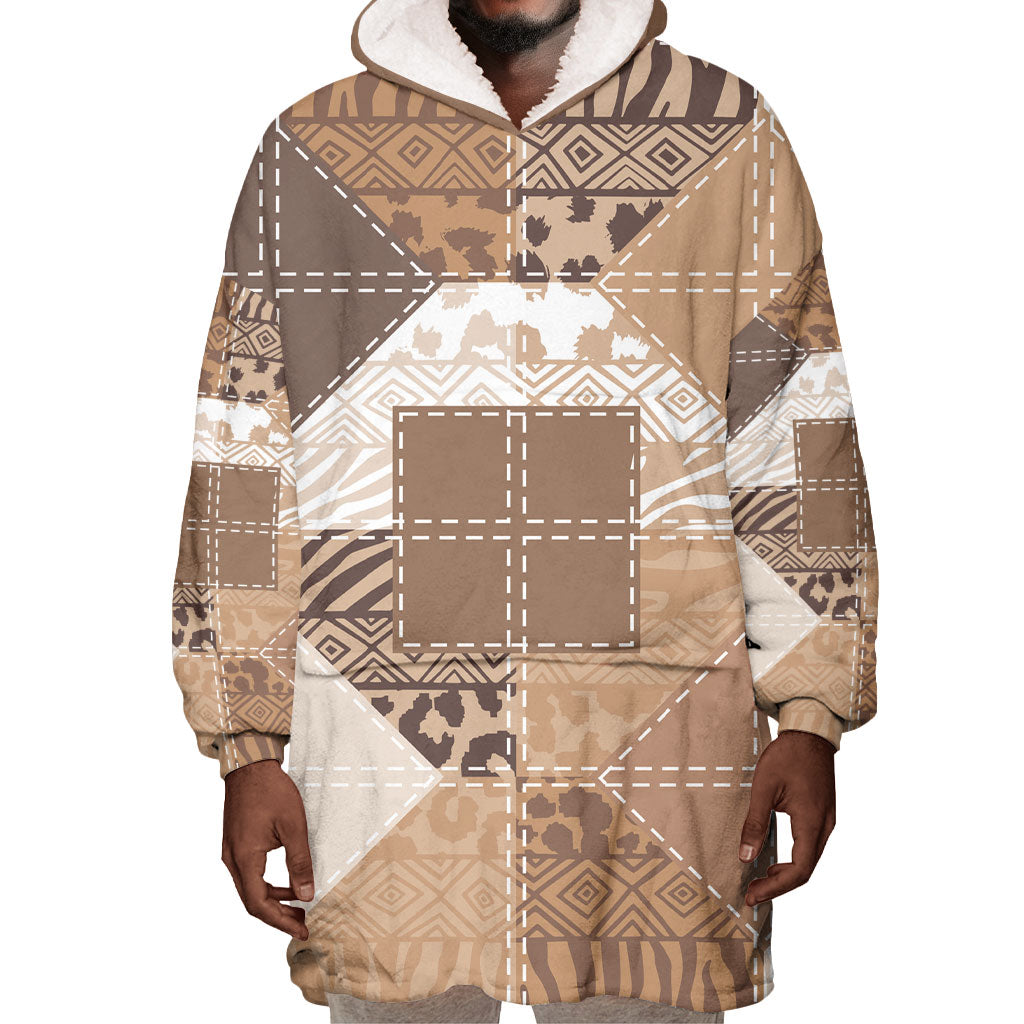 African American Quilt Inspired Wearable Blanket Hoodie Wild Animal Skin African Beige Tribal Elements
