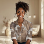 African American Quilt Inspired Women Casual Shirt Wild Animal Skin African Beige Tribal Elements