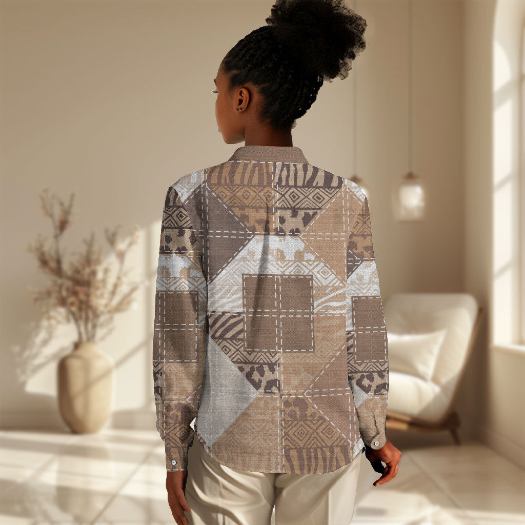 African American Quilt Inspired Women Casual Shirt Wild Animal Skin African Beige Tribal Elements