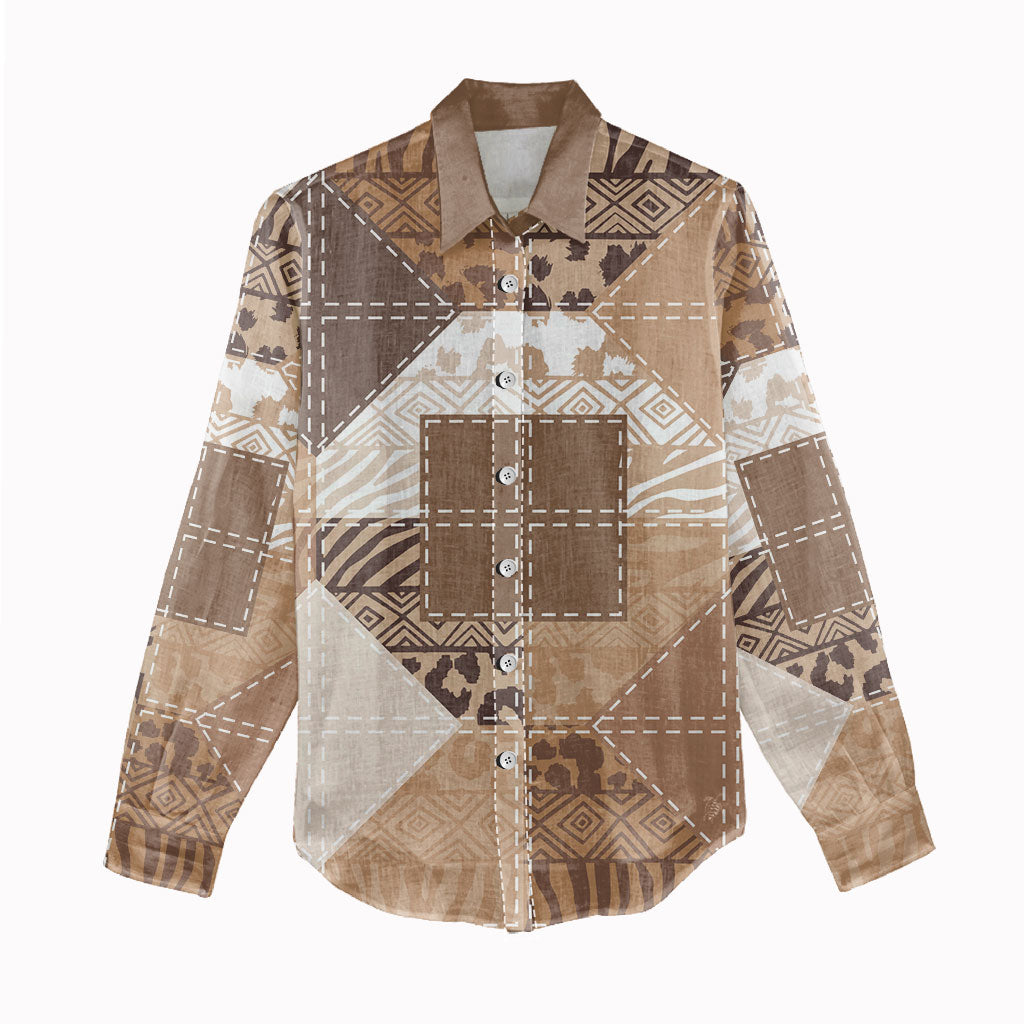 African American Quilt Inspired Women Casual Shirt Wild Animal Skin African Beige Tribal Elements