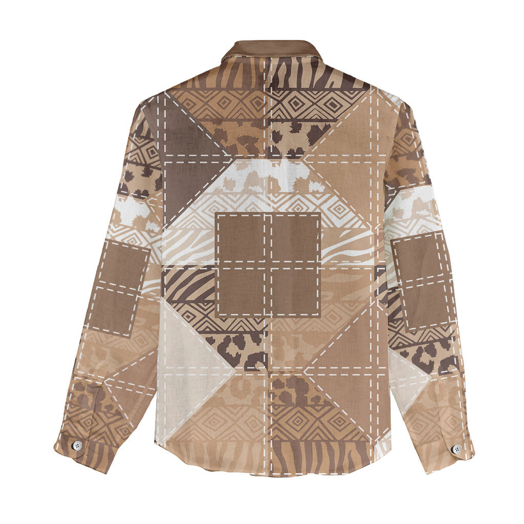 African American Quilt Inspired Women Casual Shirt Wild Animal Skin African Beige Tribal Elements